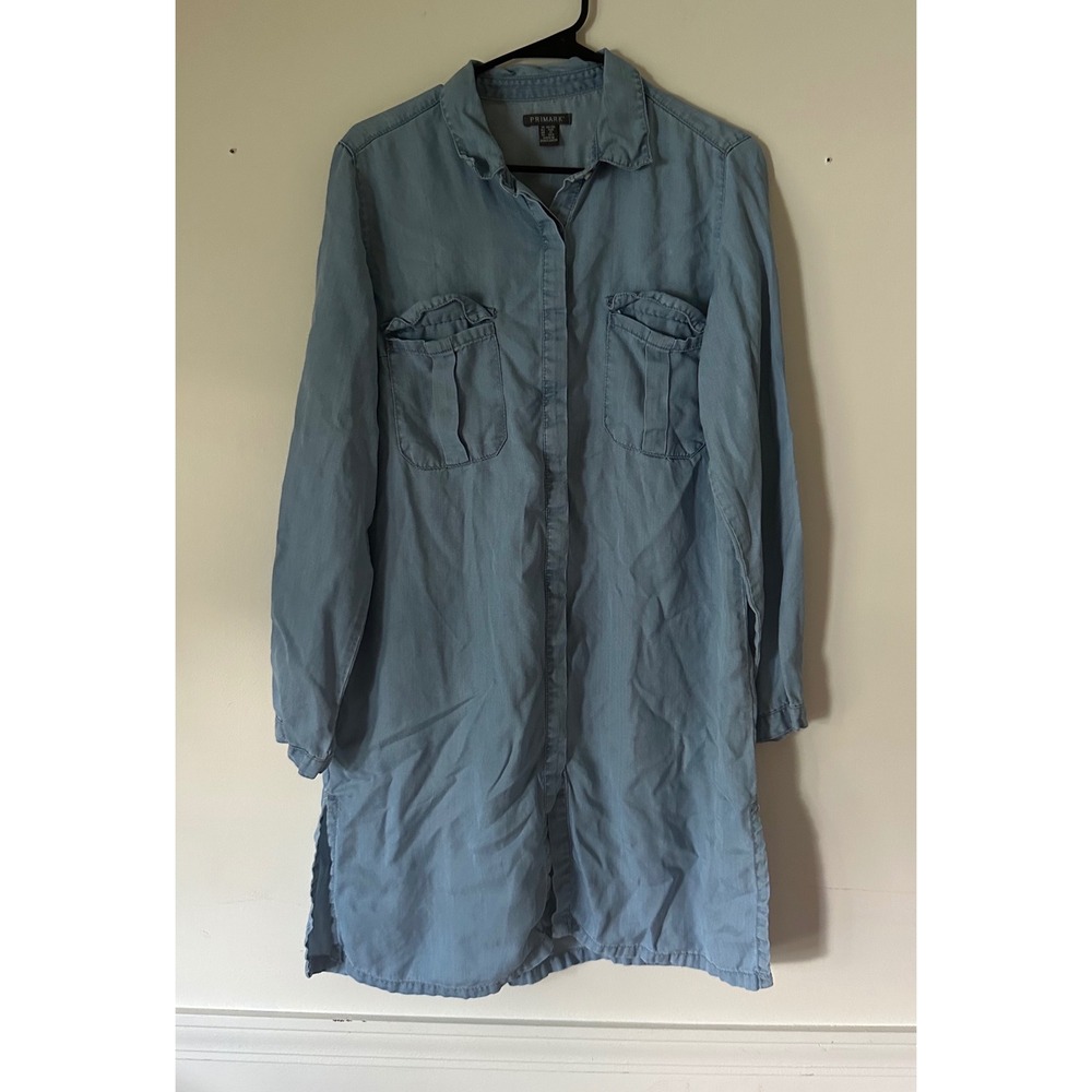 Primark Womens Light Blue Lyocell Denim Look Shirt Dress Size 10 Long Sleeve